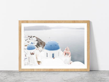 Santorini White Houses & Sea Faded Photograph Glass Framed Wall Art, Ready to Hang Quality Print With White Border Oak