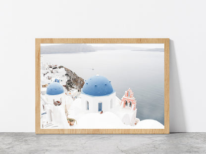 Santorini White Houses & Sea Faded Photograph Glass Framed Wall Art, Ready to Hang Quality Print Without White Border Oak