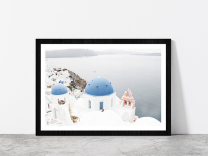 Santorini White Houses & Sea Faded Photograph Glass Framed Wall Art, Ready to Hang Quality Print With White Border Black