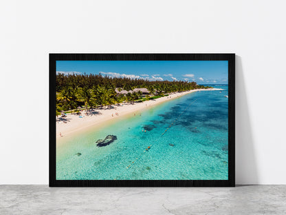 Tropical Sandy Beach In Mauritius Glass Framed Wall Art, Ready to Hang Quality Print Without White Border Black