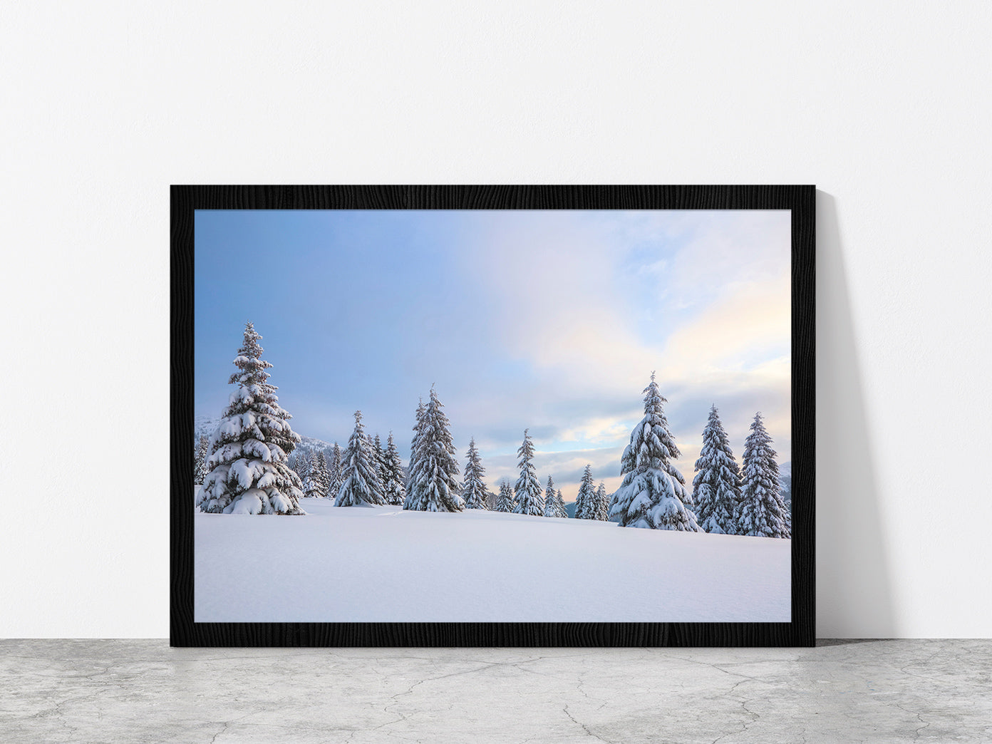 Meadow Covered With Frost Trees Glass Framed Wall Art, Ready to Hang Quality Print Without White Border Black