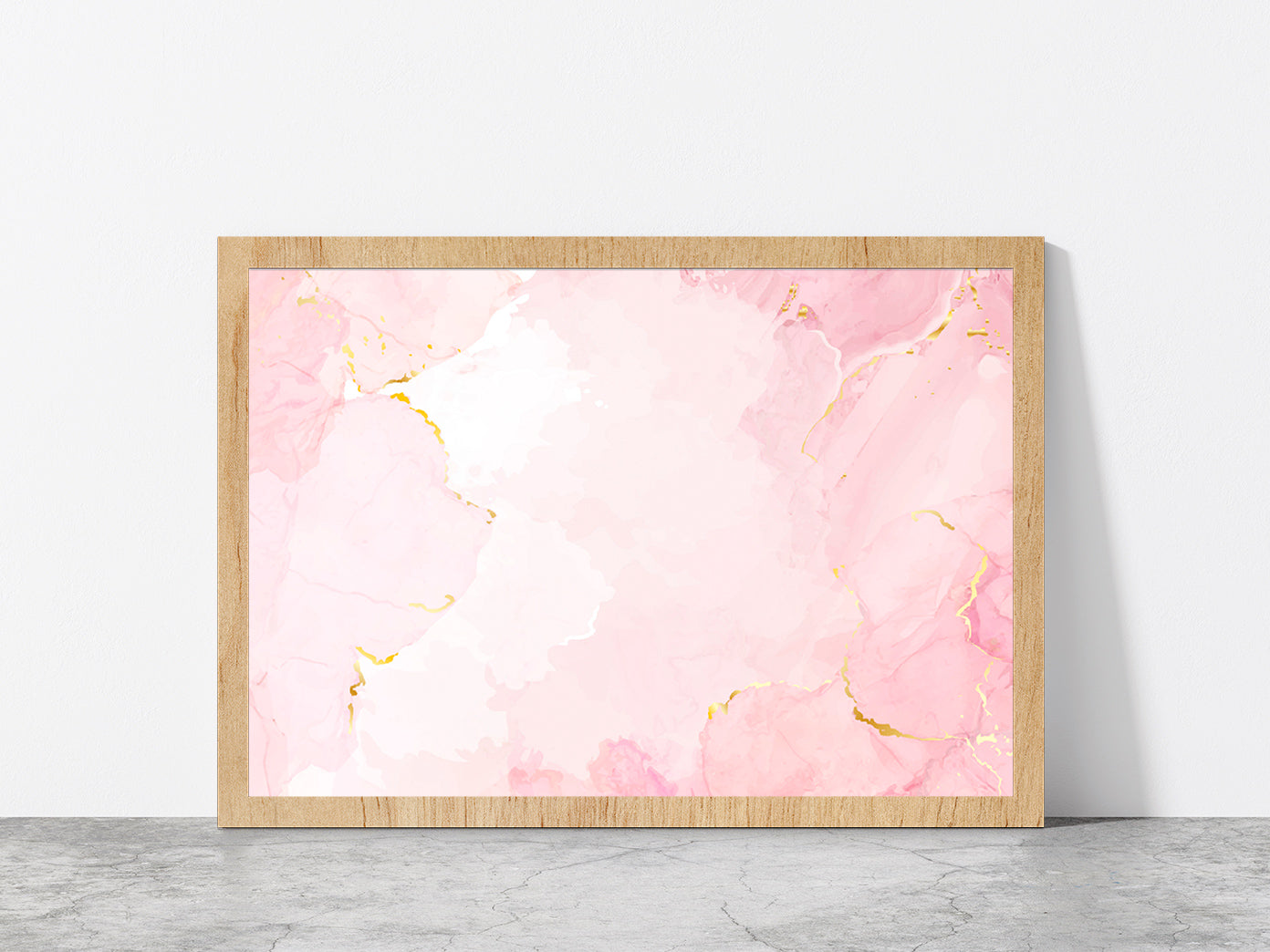 Dusty Rose & Golden Marble Paint Glass Framed Wall Art, Ready to Hang Quality Print Without White Border Oak