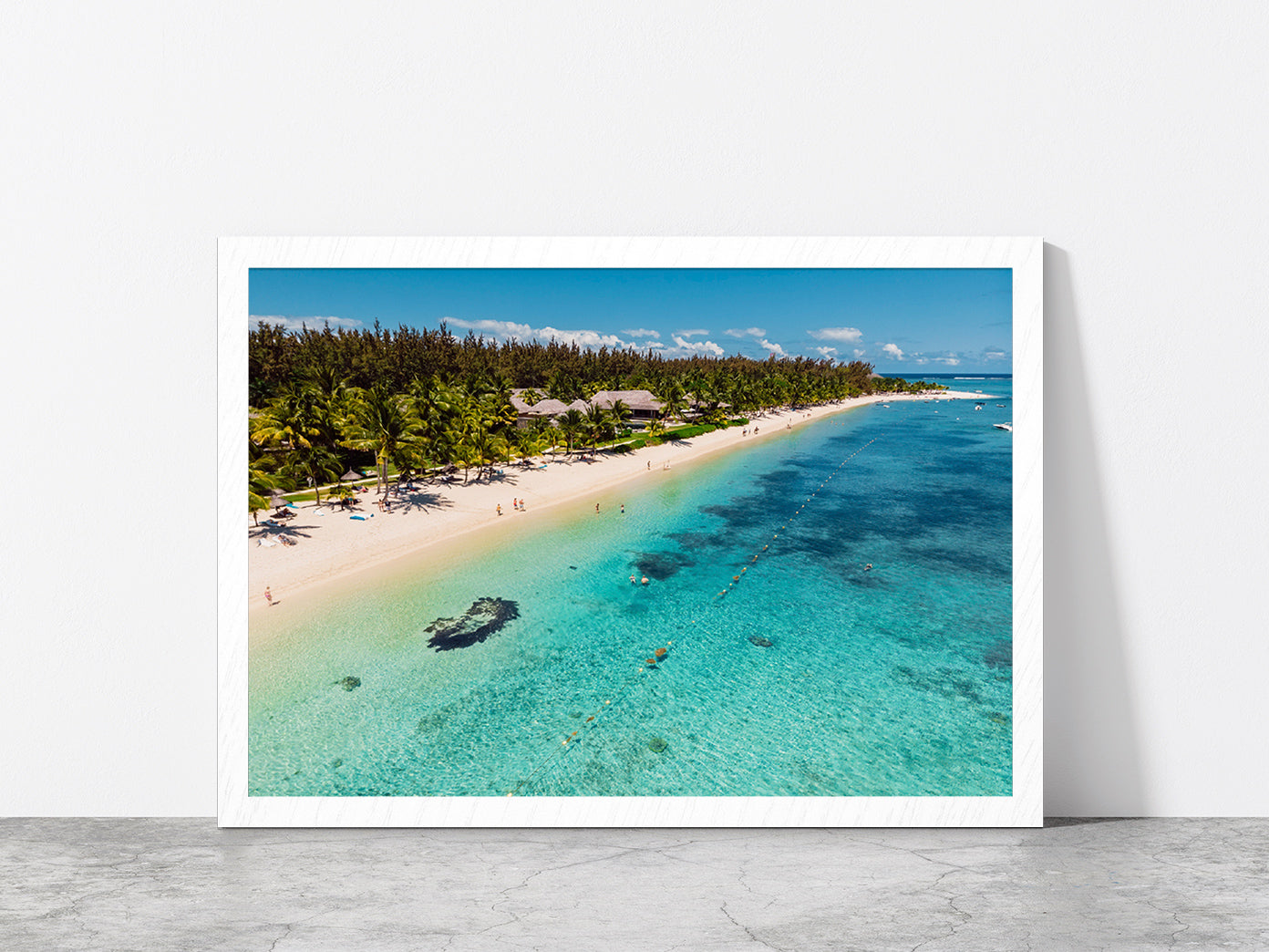 Tropical Sandy Beach In Mauritius Glass Framed Wall Art, Ready to Hang Quality Print Without White Border White