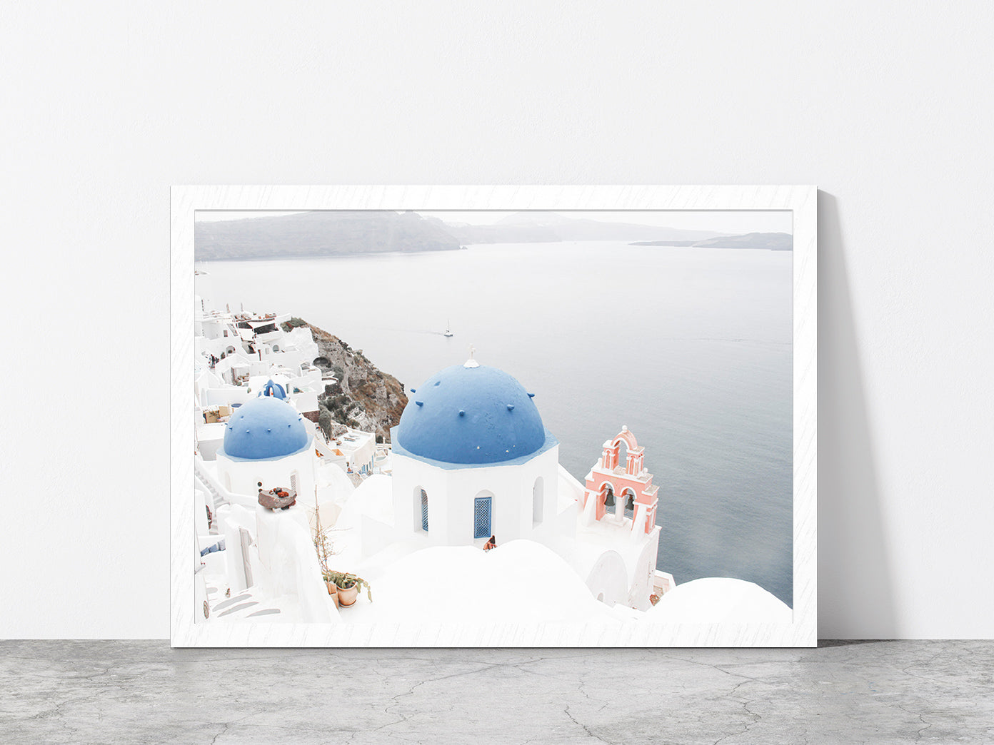 Santorini White Houses & Sea Faded Photograph Glass Framed Wall Art, Ready to Hang Quality Print Without White Border White