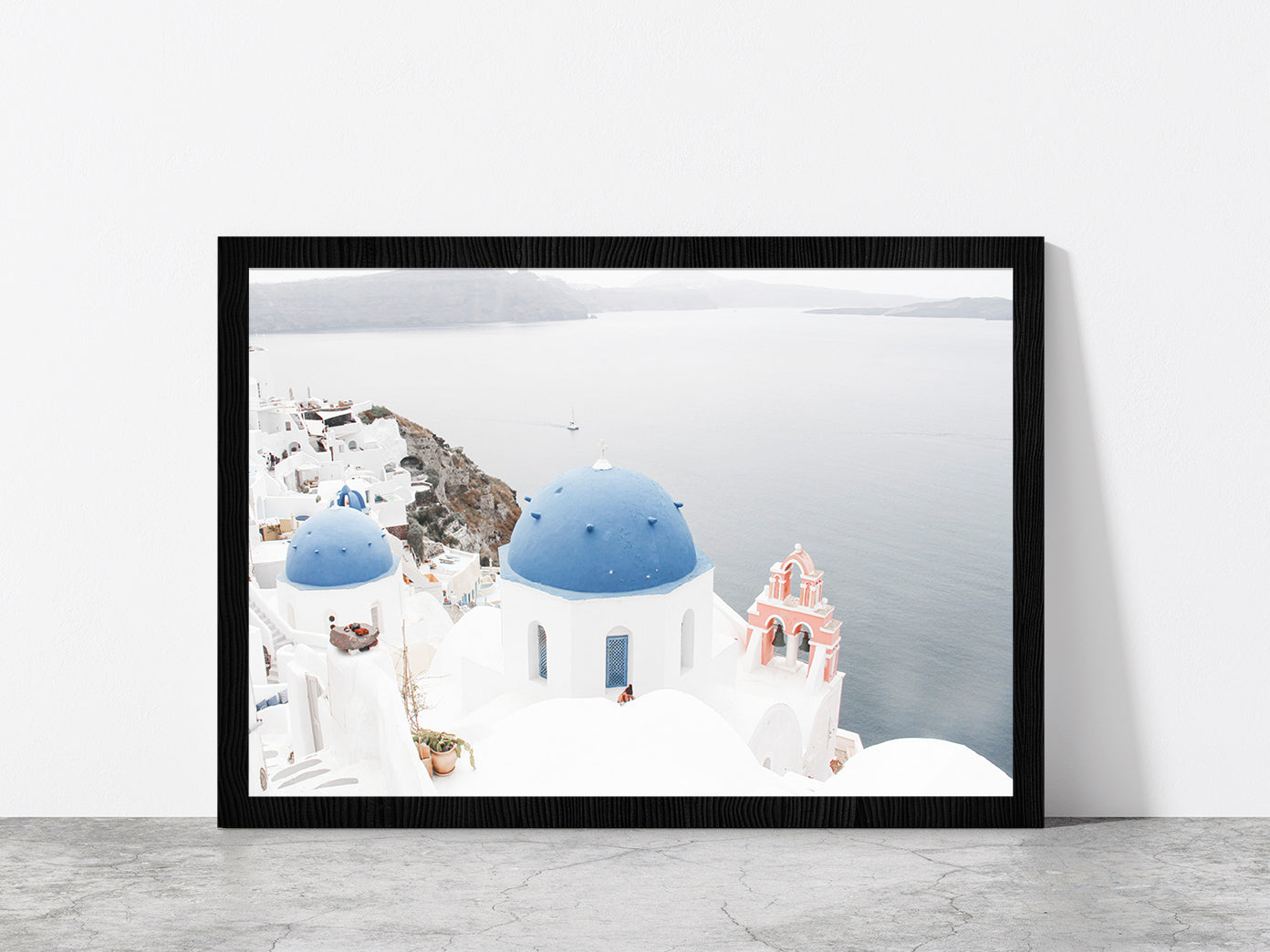 Santorini White Houses & Sea Faded Photograph Glass Framed Wall Art, Ready to Hang Quality Print Without White Border Black