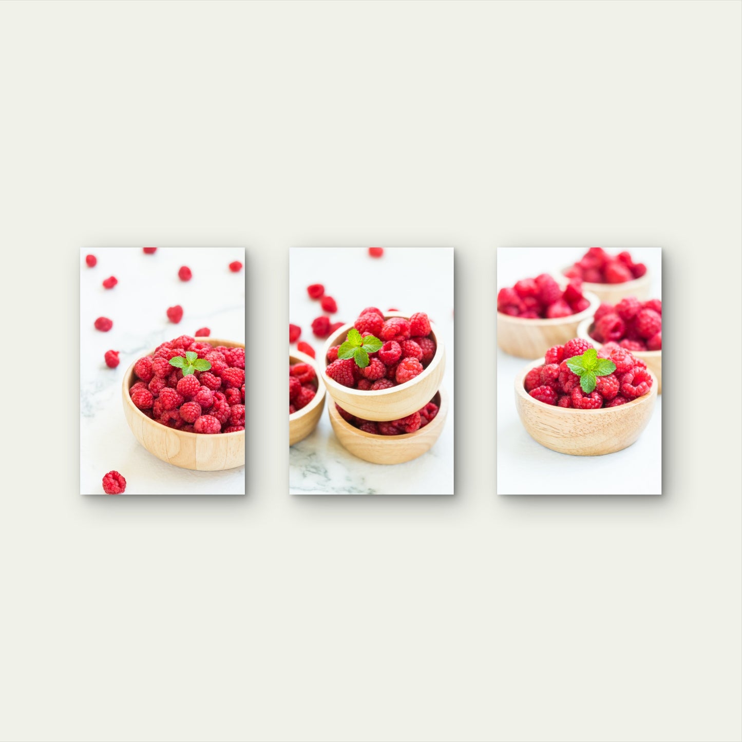 3pcs Fresh Red Raspberry Fruit Kitchen Bowl Food Wall Art Set Canvas Framed 50x70cm - High Quality Print 100% Australian Made Wall Canvas Ready to Hang