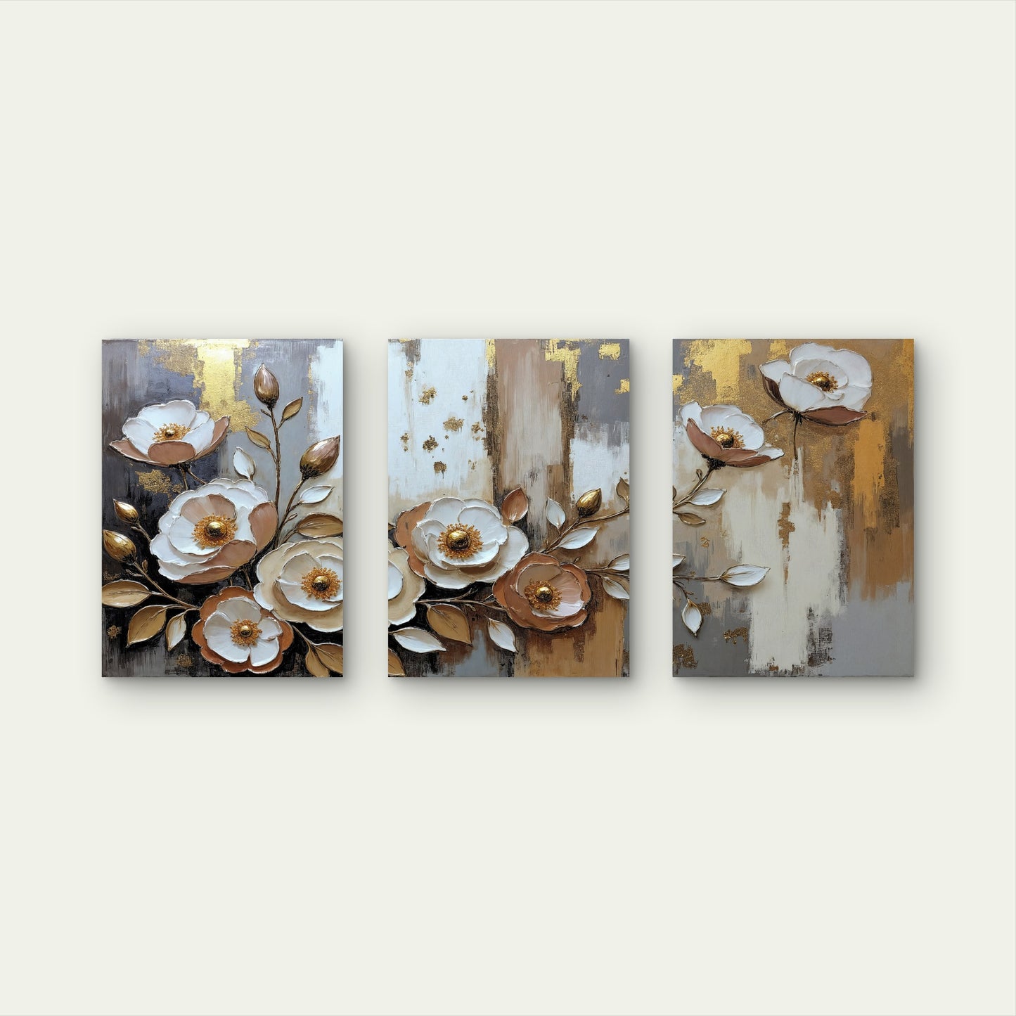 3pcs Luxury Gold Foil Cream Rose Floral Blossom  Wall Art Set Canvas Framed 40x60cm - High Quality Print 100% Australian Made Wall Canvas Ready to Hang