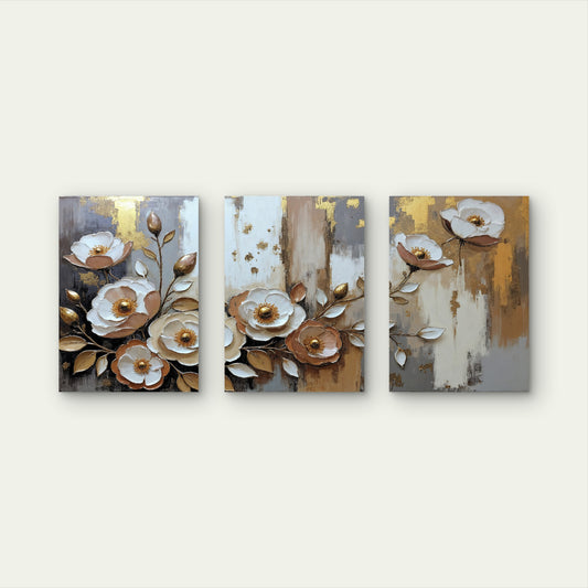 3pcs Luxury Gold Foil Cream Rose Floral Blossom  Wall Art Set Canvas Framed 40x60cm - High Quality Print 100% Australian Made Wall Canvas Ready to Hang