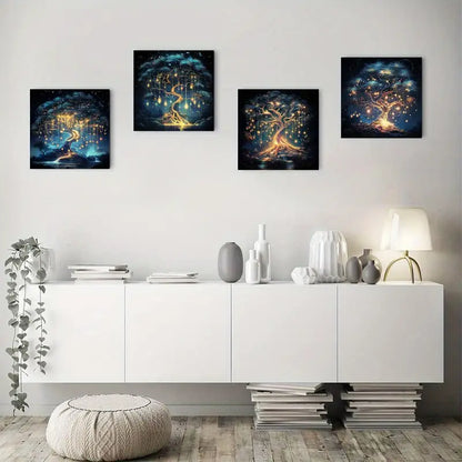 4pcs Mystical Glowing Branches & Falling Leaves Wall Art Canvas Framed