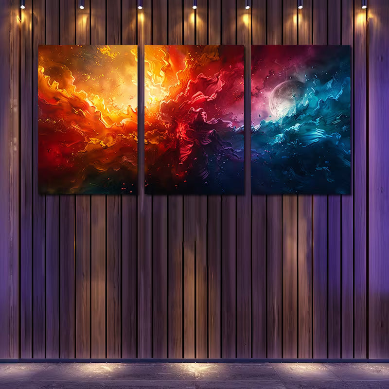 3pcs Vibrant Abstract Moon & Stars Night Scene Wall Art Set Canvas Framed 50x70cm - High Quality Print 100% Australian Made Wall Canvas Ready to Hang