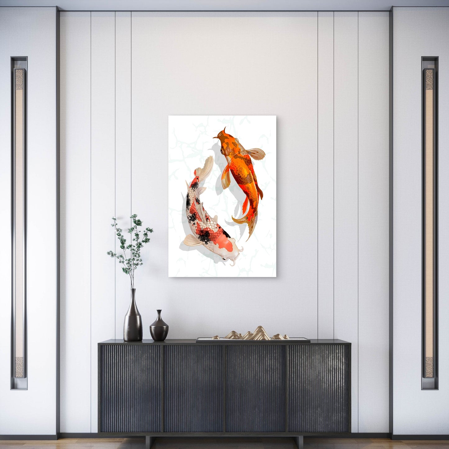 Two Japanese Koi Fish Swimming 60x90cm Metal Print Ready to Hang