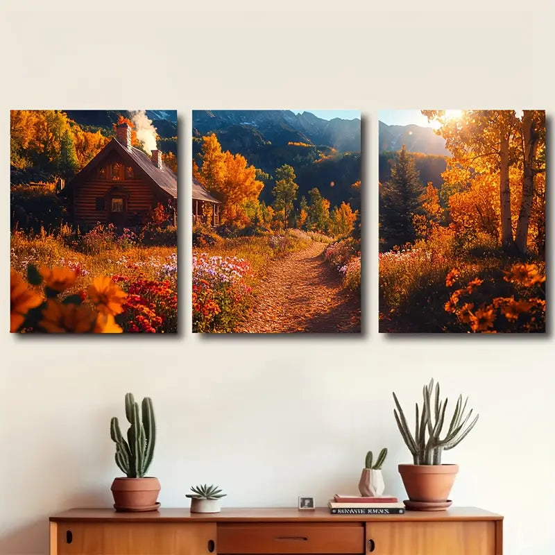 3pcs Autumn Mountain Cabin Trail Scene Wall Art Set Canvas Framed 40x60cm - High Quality Print 100% Australian Made Wall Canvas Ready to Hang - Bella Home Decor