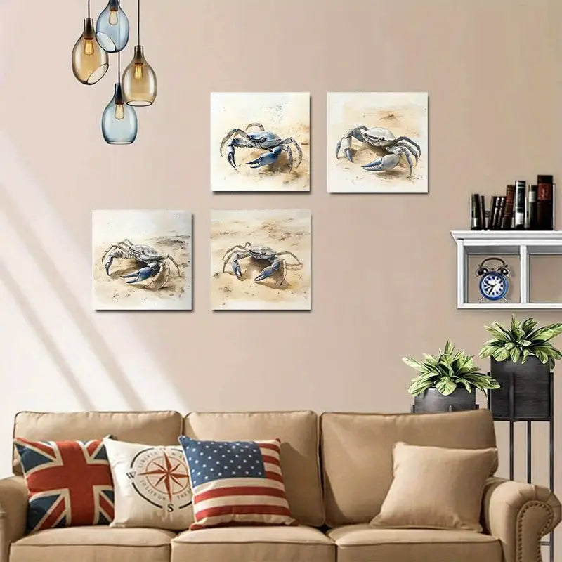 4pcs Blue Crab Rustic Home Decor   Wall Art Canvas Framed