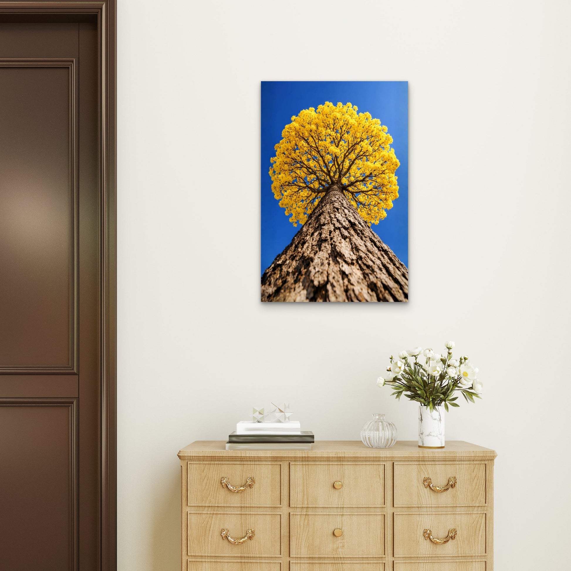 Yellow Ipê Tree Blossom Canopy Blue Sky 40x60cm Metal Print Ready to Hang