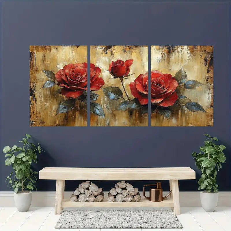 3pcs Retro Red Rose & Golden-Toned Metal Print Ready to Hang Art