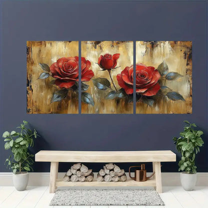 3pcs Retro Red Rose & Golden-Toned Metal Print Ready to Hang Art