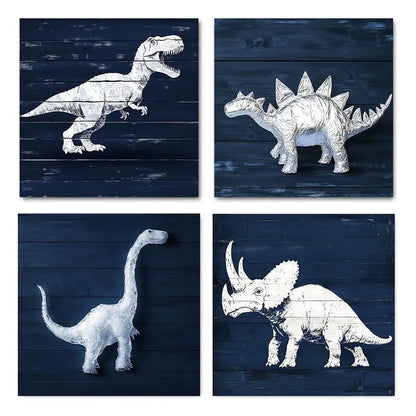 4pcs Dinosaur Navy Blue Dinosau Wall Art Canvas Framed