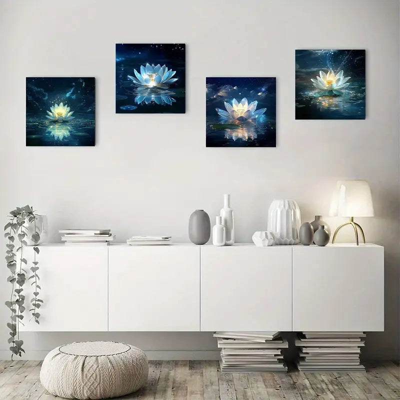 4pcs Blue Lotus with Glowing Center, Wall Art Canvas Framed