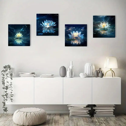 4pcs Blue Lotus with Glowing Center, Wall Art Canvas Framed