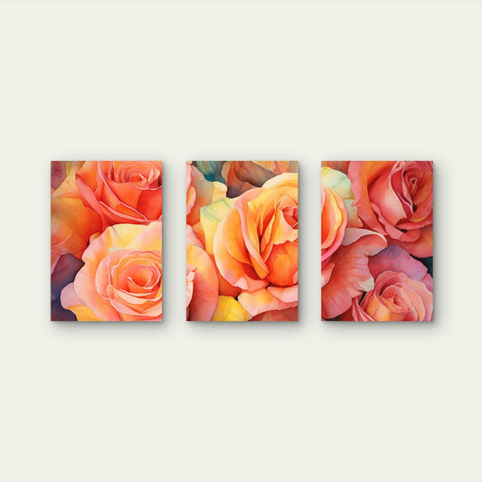 3pcs Floral Orange Peach Rose Bloom Wall Art Set Canvas Framed 50x70cm - High Quality Print 100% Australian Made Wall Canvas Ready to Hang