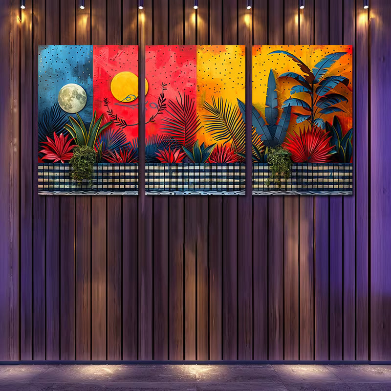 3pcs Vibrant Moon Plant & Floral Designs Wall Art Set Canvas Framed 40x60cm - High Quality Print 100% Australian Made Wall Canvas Ready to Hang
