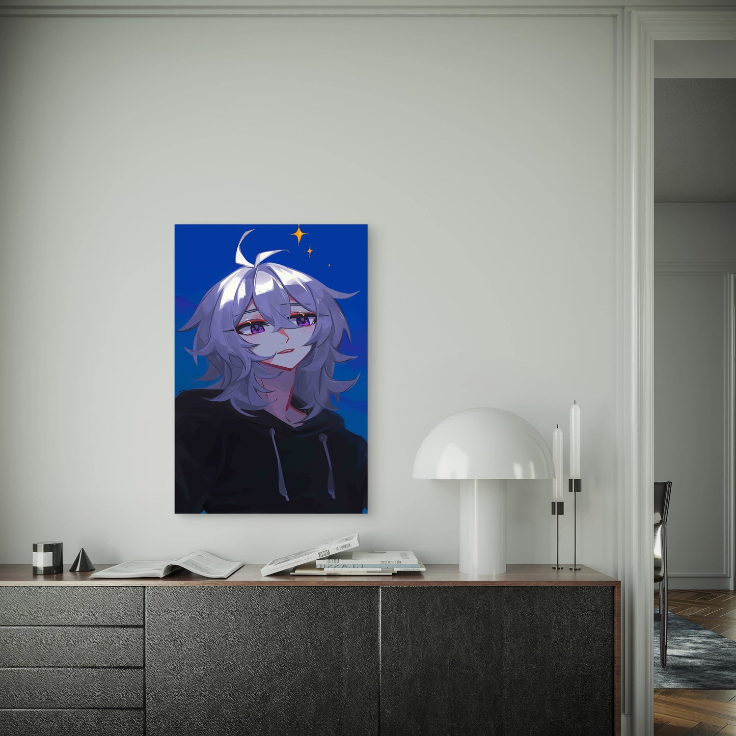 Anime Girl With a Blue Background 60x90cm Metal Print Ready to Hang