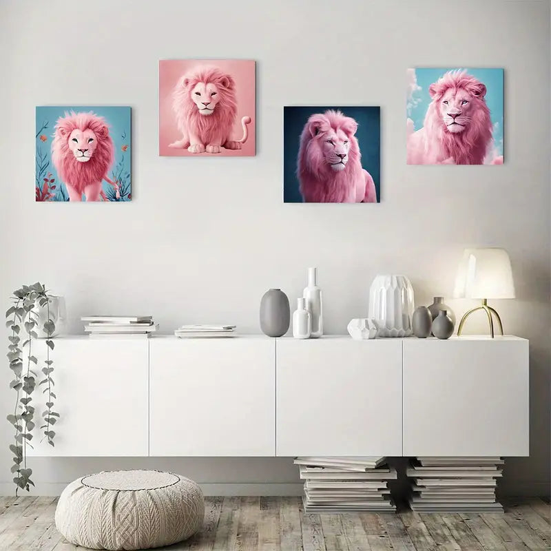 4pcs Colorful Pink Lion Animal Wall Art Canvas Framed
