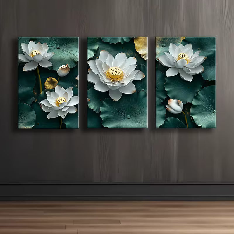 3pcs White Lotus leaves Wall Art Set Canvas Framed 40x60cm - High Quality Print 100% Australian Made Wall Canvas Ready to Hang