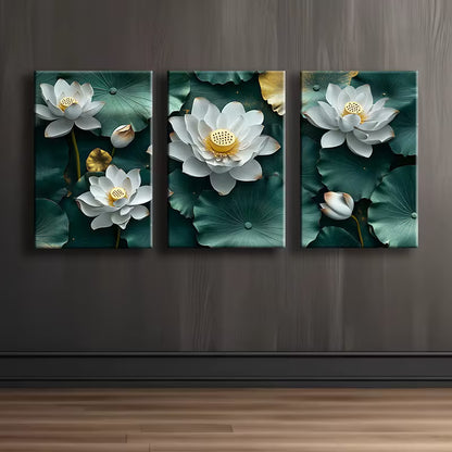 3pcs White Lotus leaves Wall Art Set Canvas Framed 40x60cm - High Quality Print 100% Australian Made Wall Canvas Ready to Hang