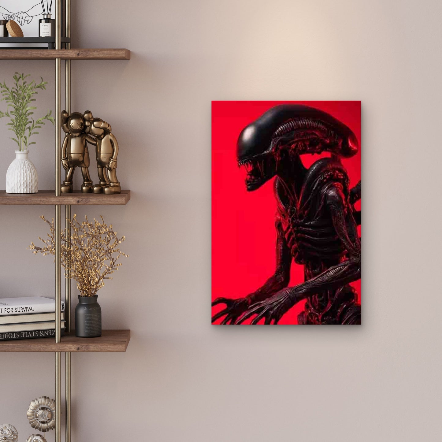 Alien Creature in Vibrant Red Background 60x90cm Metal Print Ready to Hang