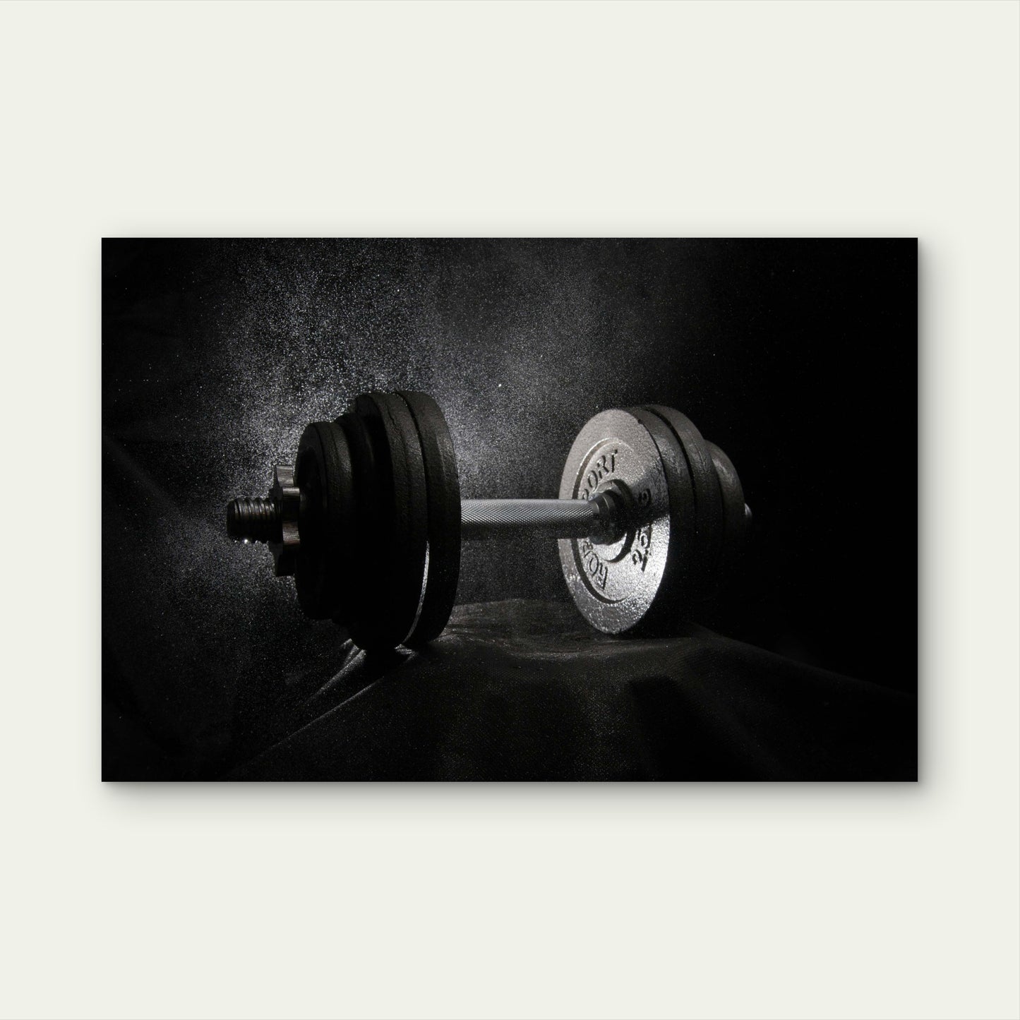 Black and White Dumbbell Weight Chalk Dust Splatter 5mm thick Plastic Poster Ready to Hang 90x60cm