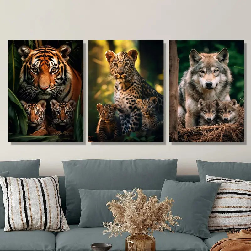 3pcs Vibrant Tiger, Leopard & Wolf Family Portrait Metal Print Ready to Hang Art
