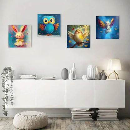 4pcs Cute Rabbit, Owl, Chick & Bird Wall Art Canvas Framed