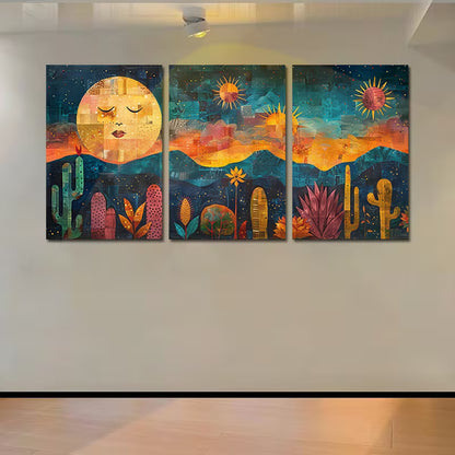 3pcs Whimsical Moon, Sun, Cacti & Floral Design Wall Art Set Canvas Framed 40x60cm - High Quality Print 100% Australian Made Wall Canvas Ready to Hang