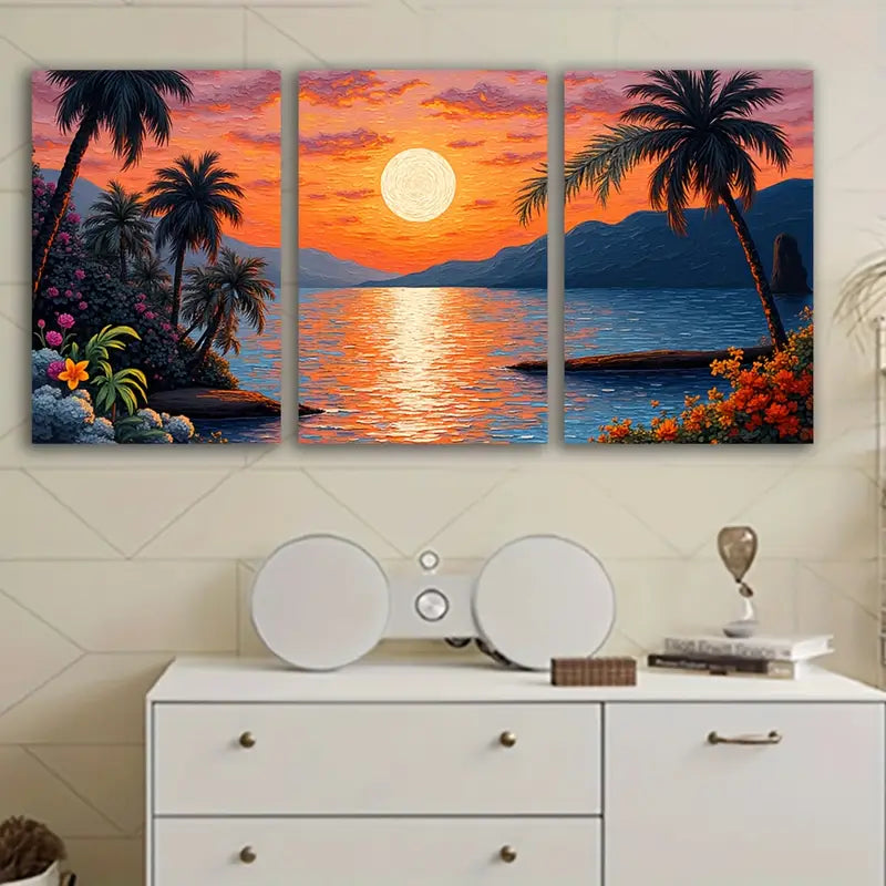 3pcs Tropical Sunset Beach Scene Wall Art Set Canvas Framed 40x60cm - High Quality Print 100% Australian Made Wall Canvas Ready to Hang