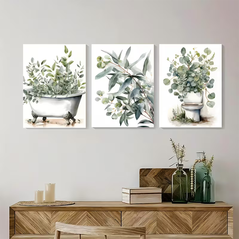 3pcs Plant Bathroom Eucalyptus Art Wall Art Set Canvas Framed 40x60cm - High Quality Print 100% Australian Made Wall Canvas Ready to Hang
