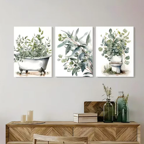 3pcs Plant Bathroom Eucalyptus Art Wall Art Set Canvas Framed 50x70cm - High Quality Print 100% Australian Made Wall Canvas Ready to Hang
