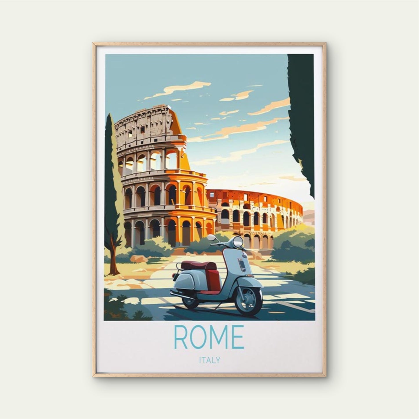 White Scooter, Italy Rome Colosseum Art Travel Poster Print Wall Art