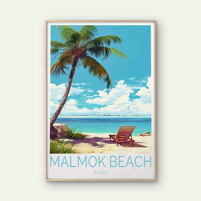 Malmok Beach Aruba, Palms & Blue Sky Art Travel Poster Print Wall Art - Bella Home Decor
