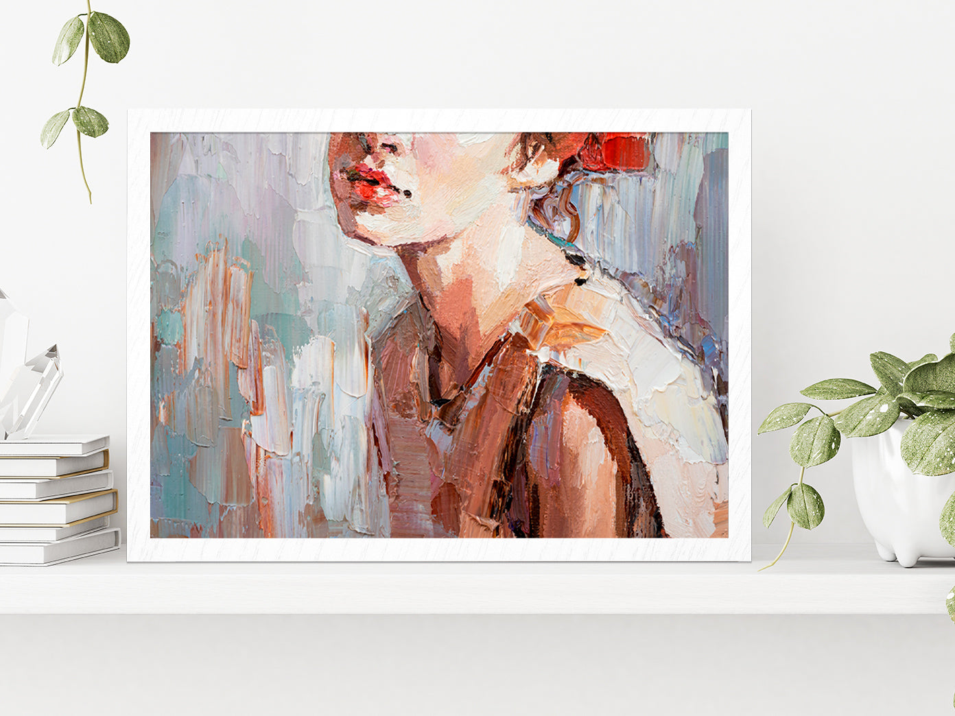 Girl With Red Lips Oil Painting Glass Framed Wall Art, Ready to Hang Quality Print Without White Border White