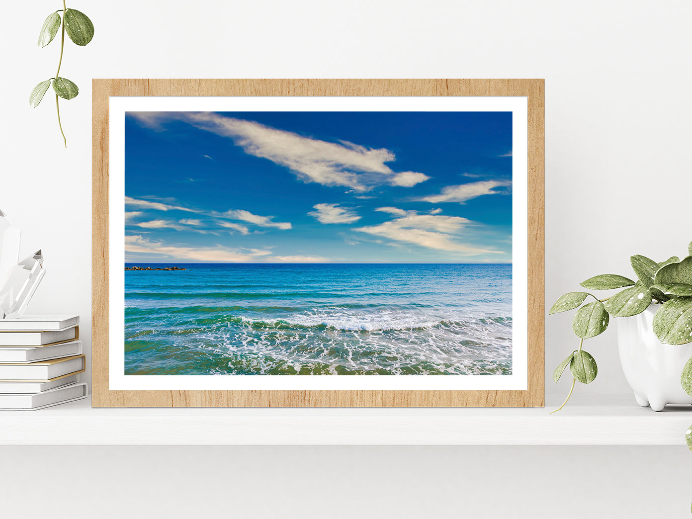 Sea Waves At Beach & Blue Sky Glass Framed Wall Art, Ready to Hang Quality Print With White Border Oak