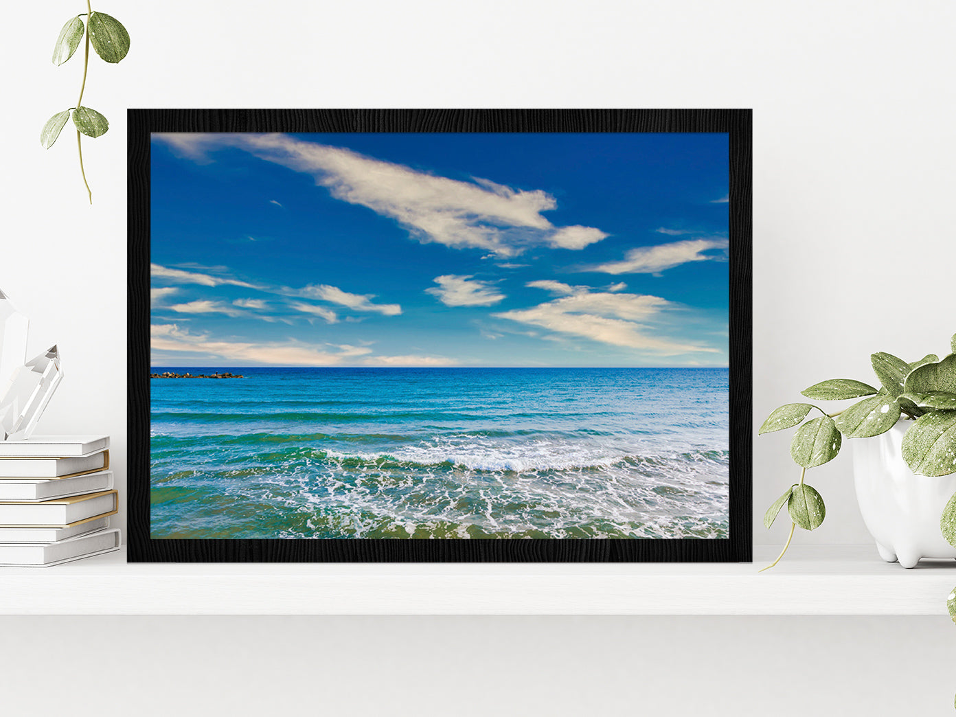 Sea Waves At Beach & Blue Sky Glass Framed Wall Art, Ready to Hang Quality Print Without White Border Black