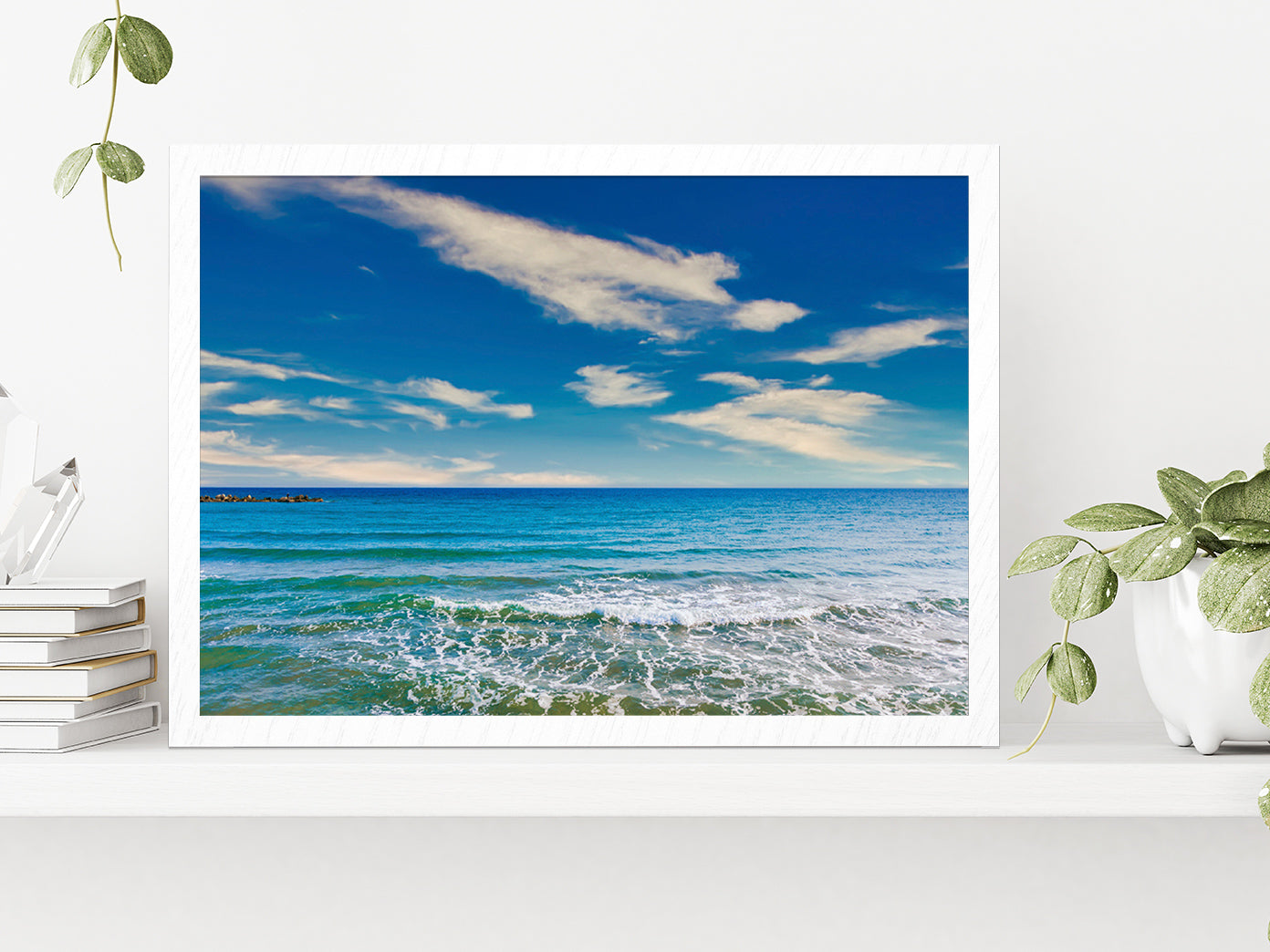 Sea Waves At Beach & Blue Sky Glass Framed Wall Art, Ready to Hang Quality Print Without White Border White