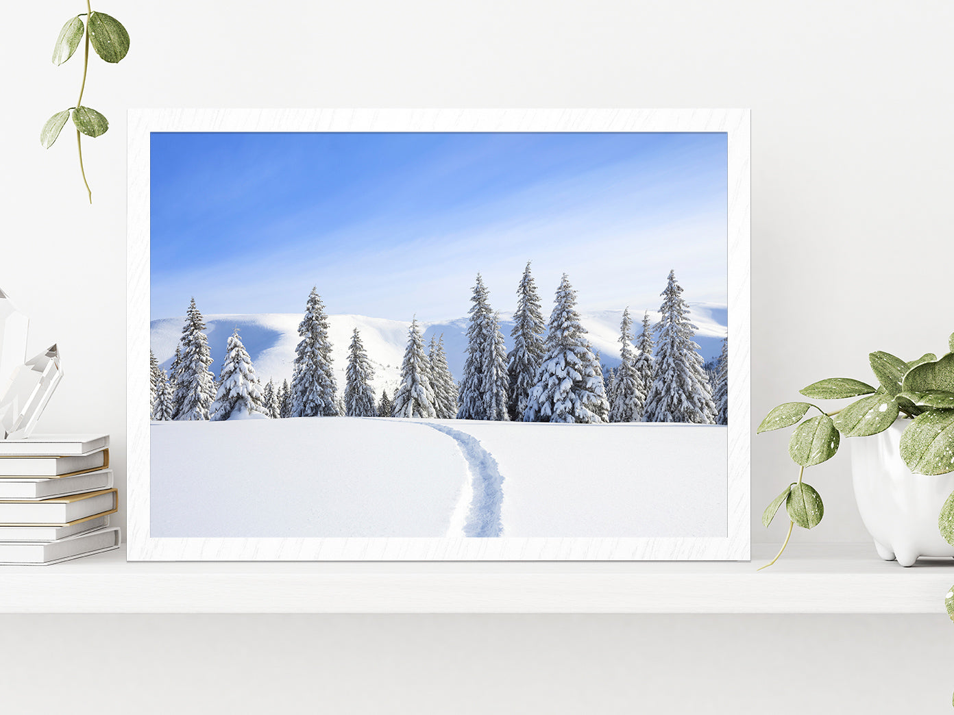 Mountain With Snow Peaks & Forest Glass Framed Wall Art, Ready to Hang Quality Print Without White Border White