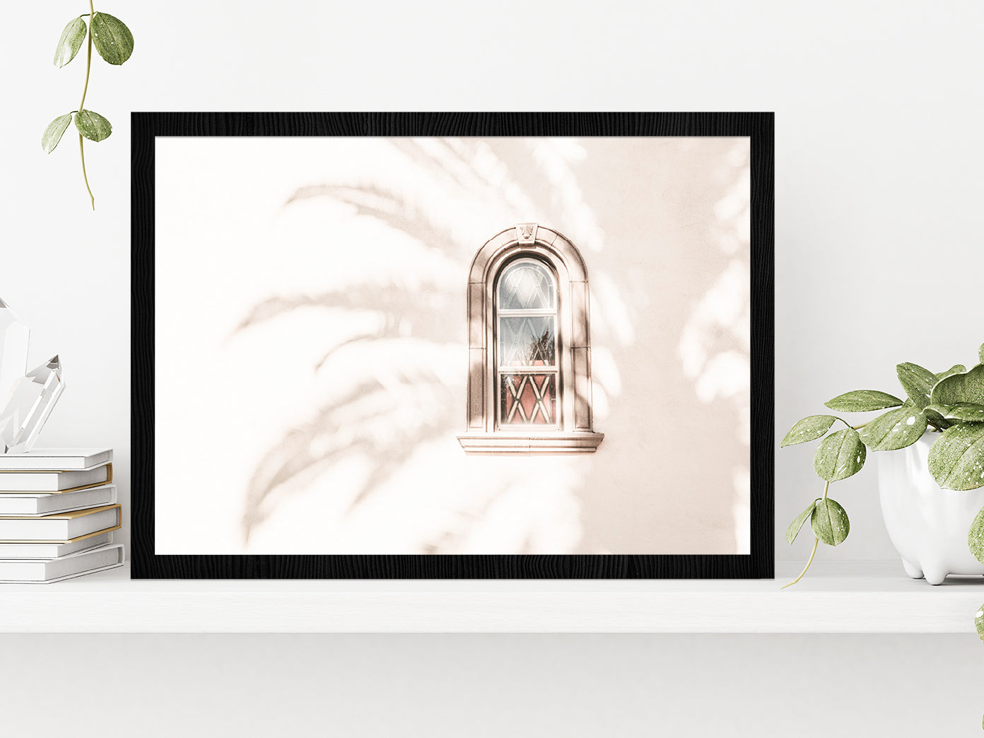 Window & Tree Shadow Faded Photograph Glass Framed Wall Art, Ready to Hang Quality Print Without White Border Black