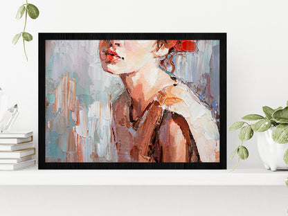 Girl With Red Lips Oil Painting Glass Framed Wall Art, Ready to Hang Quality Print Without White Border Black