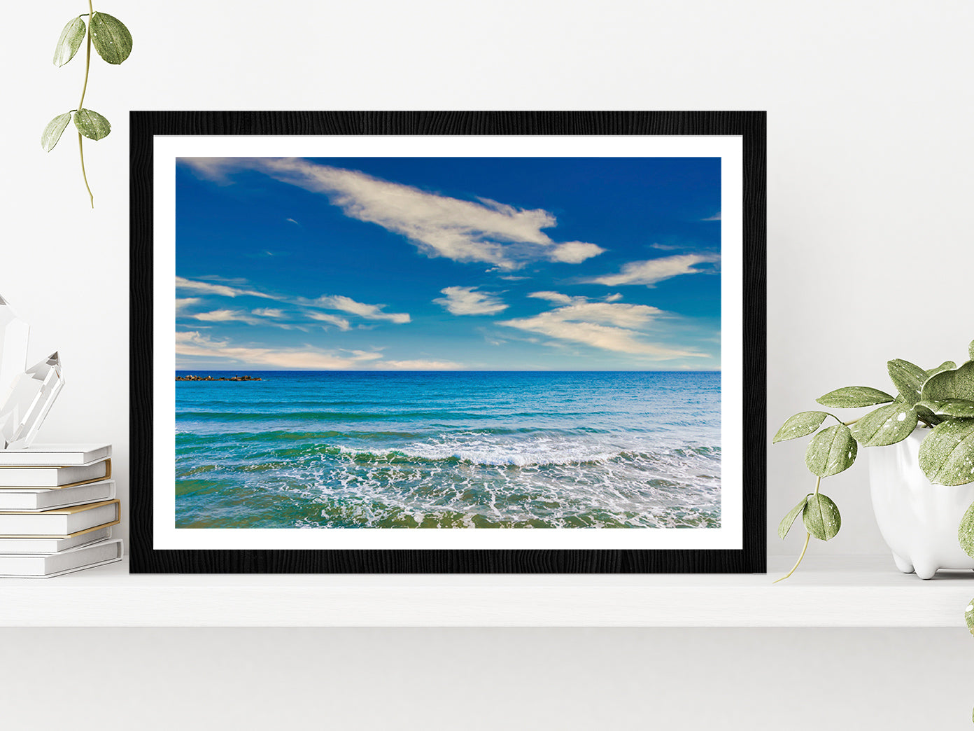 Sea Waves At Beach & Blue Sky Glass Framed Wall Art, Ready to Hang Quality Print With White Border Black