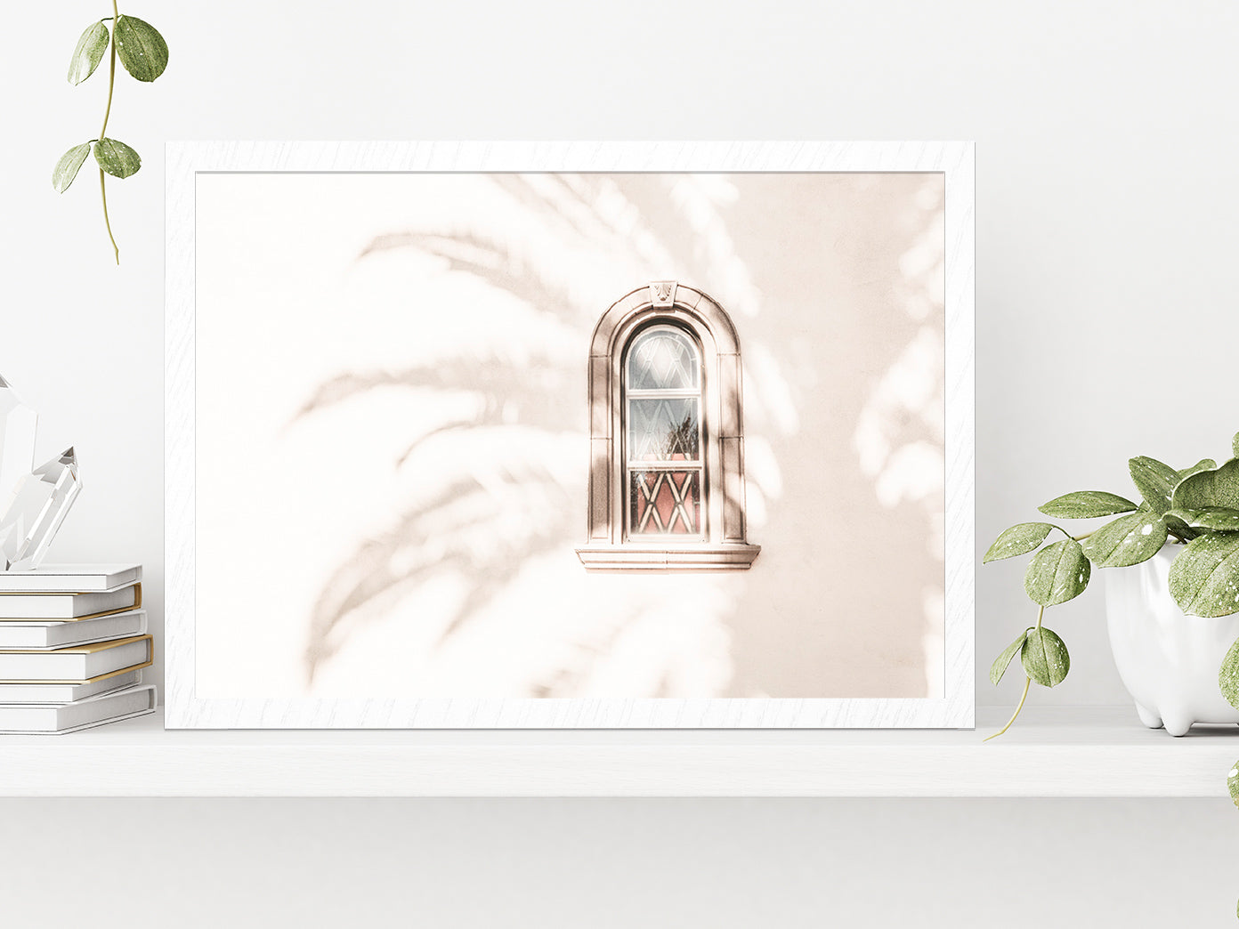 Window & Tree Shadow Faded Photograph Glass Framed Wall Art, Ready to Hang Quality Print Without White Border White