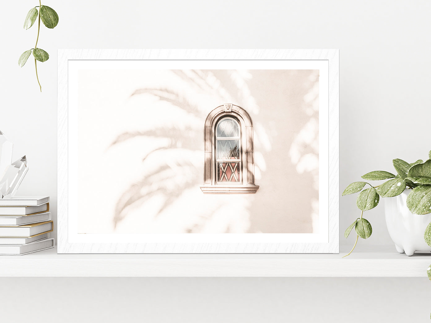 Window & Tree Shadow Faded Photograph Glass Framed Wall Art, Ready to Hang Quality Print With White Border White