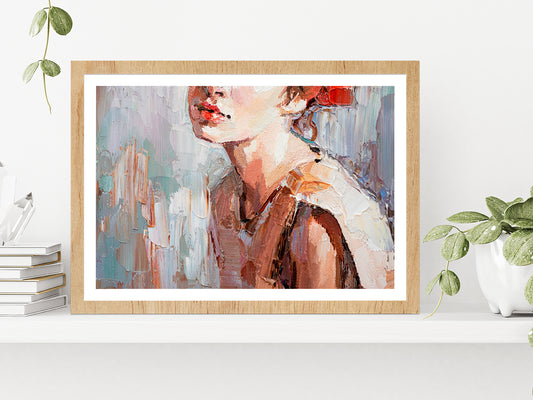 Girl With Red Lips Oil Painting Glass Framed Wall Art, Ready to Hang Quality Print With White Border Oak